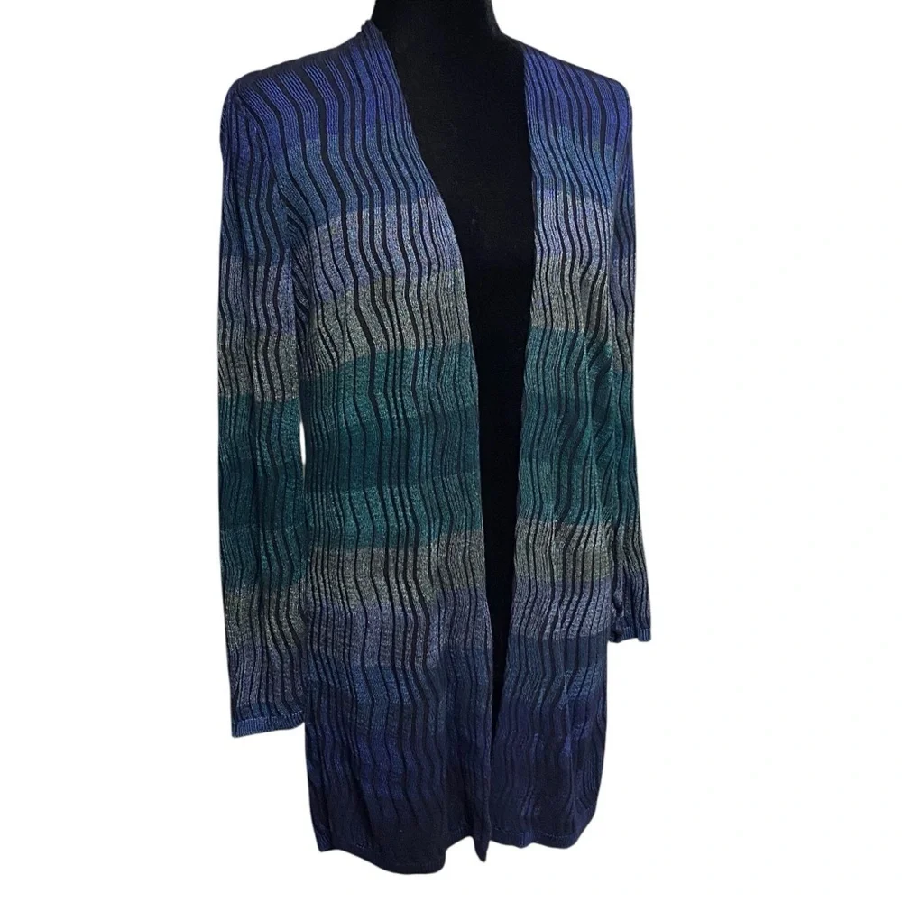 Chicos Blue Green Striped Open Front Cardigan Sweater Jacket Size 0